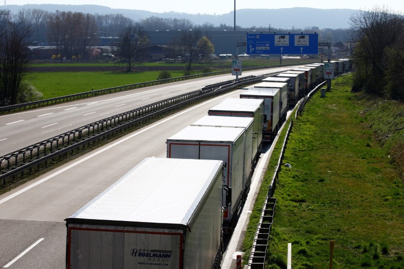 FILE PHOTO:  Trucks parked near German-Swiss border in Weil am Rhein