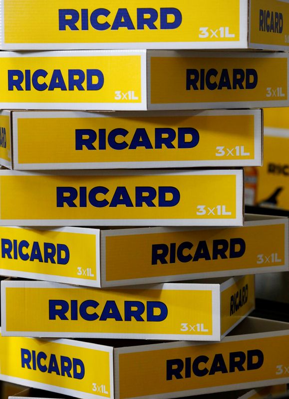 FILE PHOTO: Boxes of bottles of Ricard's aniseed-flavoured beverage are pictured at the Ricard