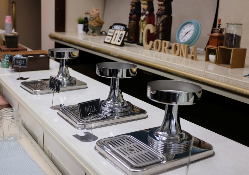 An empty breakfast buffet is seen at the Osaka Corona Hotel in Osaka