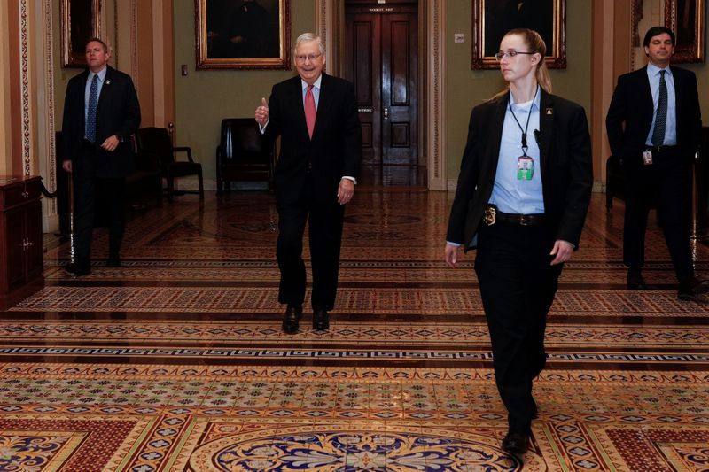 Republican Senators discuss the coronavirus relief bill ahead of a vote on Capitol Hill in