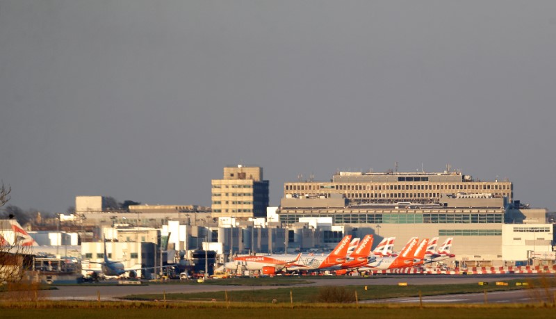 Easyjet and British Airways planes are pictured at Gatwick airport