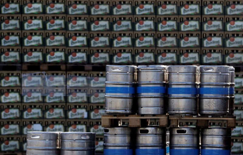 Kegs and crates of beer are seen on the yard of Plzensky Prazdroj brewery in Plzen