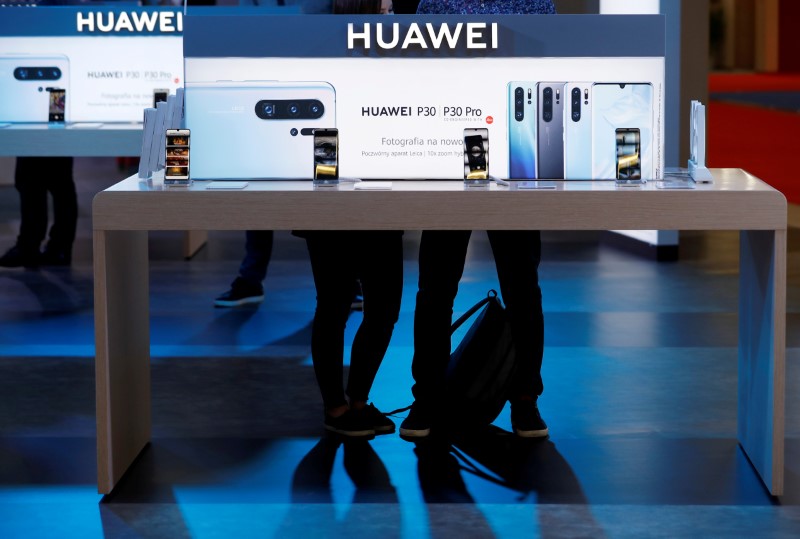 FILE PHOTO: The Huawei logo is pictured on the company's stand during the 'Electronics Show -