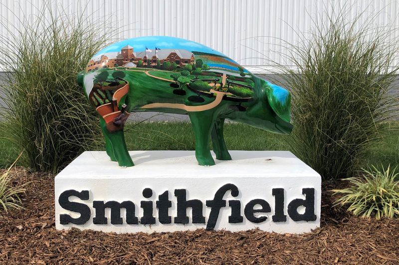 FILE PHOTO: A sculpture adorns Smithfield Foods' hog slaughterhouse in Smithfield