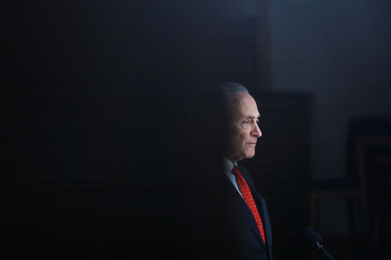 U.S. Senate Minority Leader Schumer delivers remarks during a private interview, after Congress