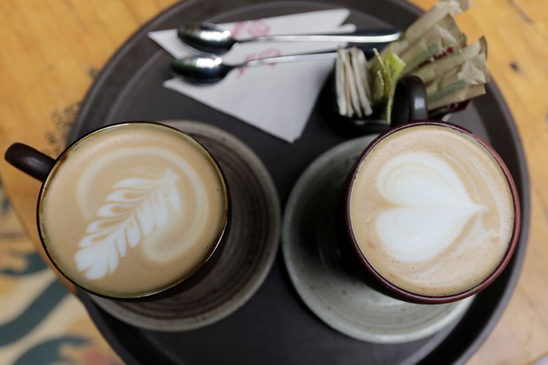 FILE PHOTO: Cups of cappuccino are seen at a Juan Valdez store in Bogota