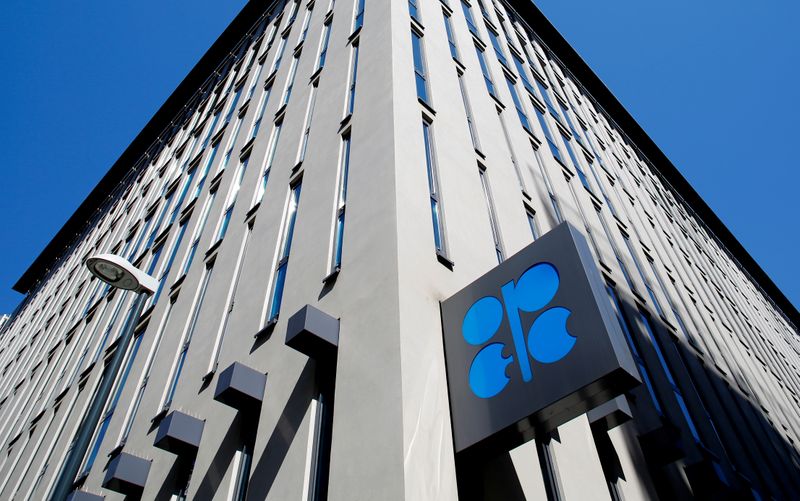The logo of the Organisation of the Petroleum Exporting Countries (OPEC) sits outside its