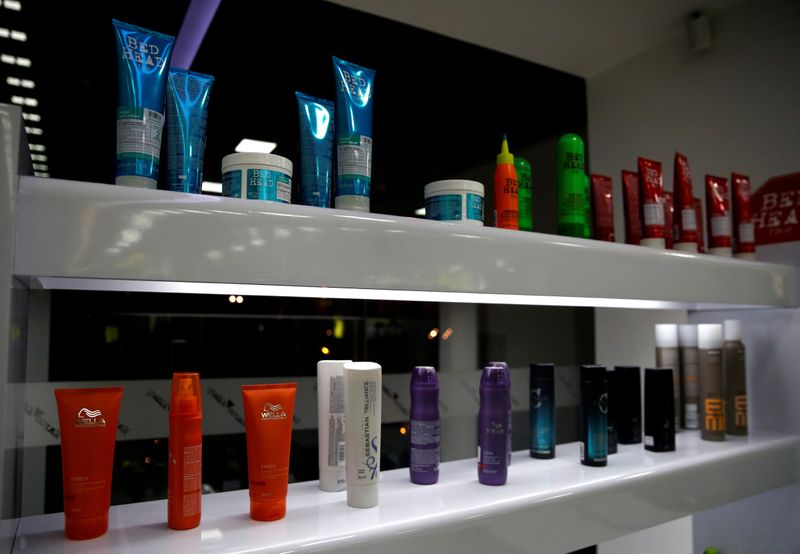 FILE PHOTO: Hair products Bed Head, Wella and others are displayed for sale at Marco Aldany