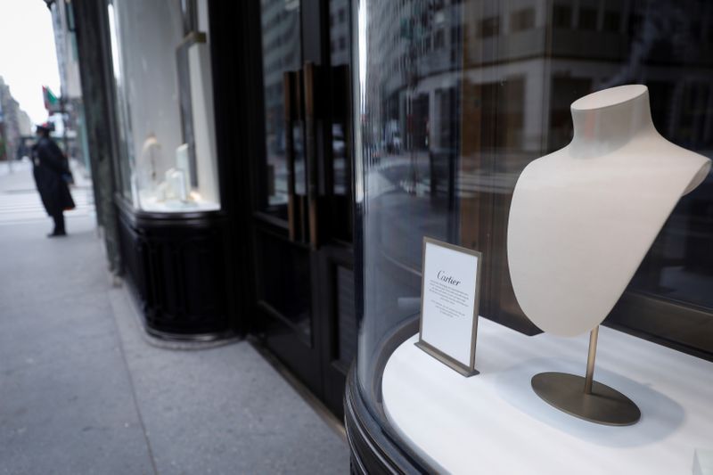Closed luxury retail stores on 5th Avenue in Manhattan during outbreak of the coronavirus