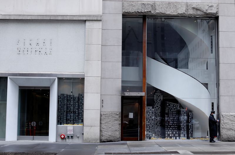 Closed luxury retail stores on 5th Avenue in Manhattan during outbreak of the coronavirus