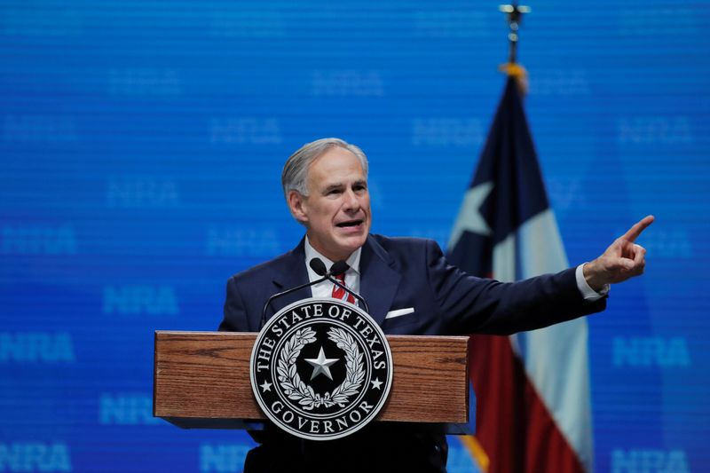 FILE PHOTO: Texas Governor Greg Abbott speaks at the annual NRA convention in Dallas, Texas