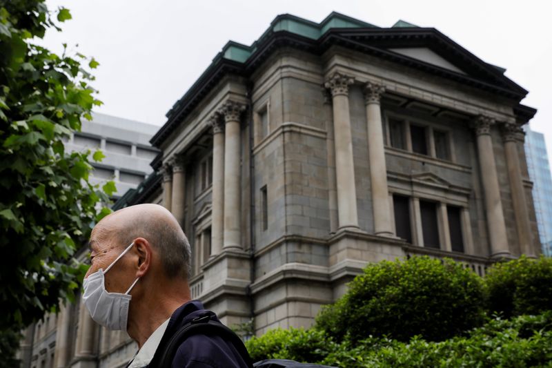 Traffic signs are seen in front of the headquarters of Bank of Japan amid the coronavirus
