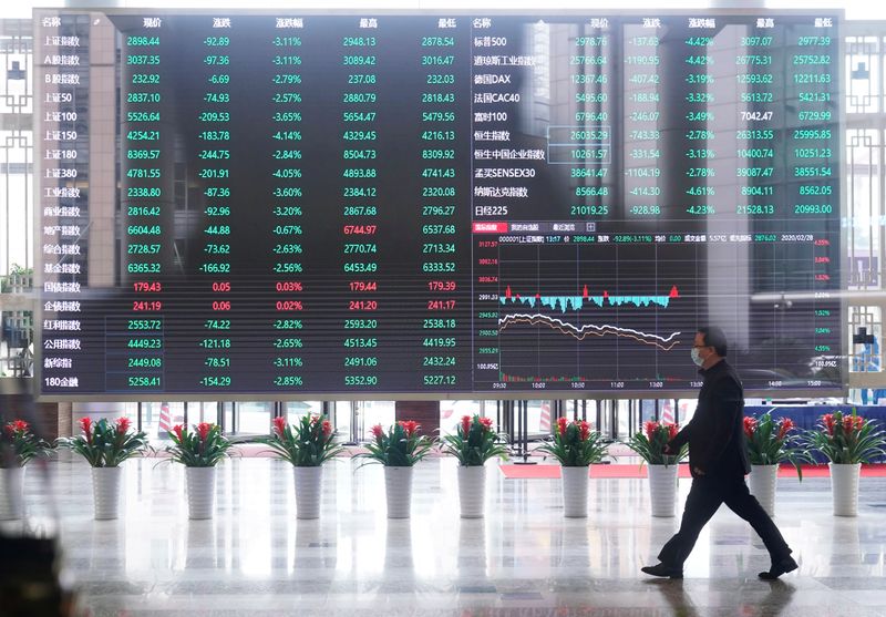 FILE PHOTO: Man wearing a face mask is seen inside the Shanghai Stock Exchange building, as the