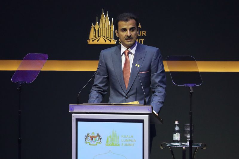 Qatar's Emir Sheikh Tamim bin Hamad Al Thani speaks during Kuala Lumpur Summit in Kuala Lumpur