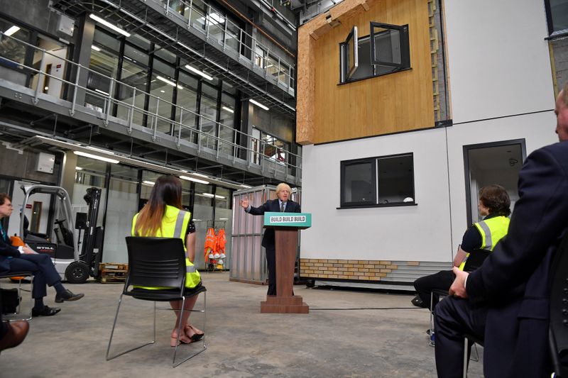 Britain's Prime Minister Boris Johnson delivers a speech during his visit to Dudley College of