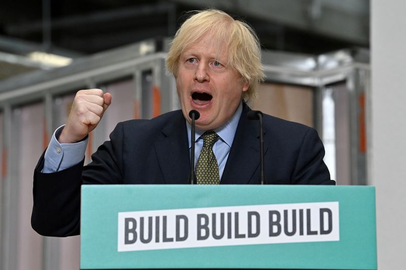 Britain's Prime Minister Boris Johnson delivers a speech during his visit to Dudley College of